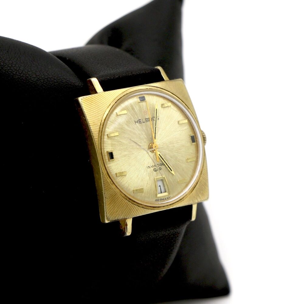 Helbros Vintage Invincible Square Gold Tone Starburst Dial Watch